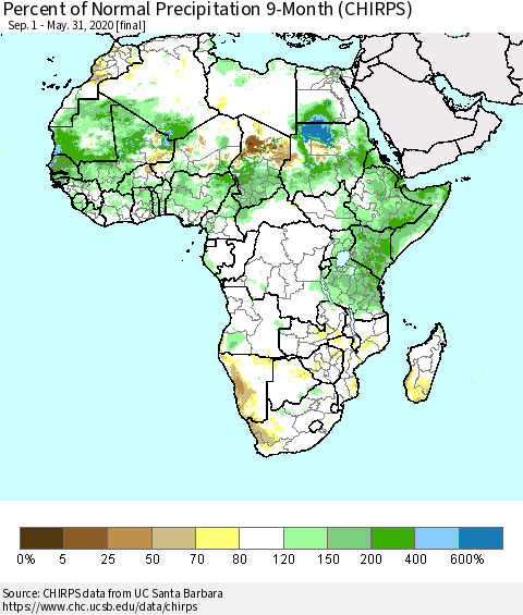 Africa Percent of Normal Precipitation 9-Month (CHIRPS) Thematic Map For 9/1/2019 - 5/31/2020