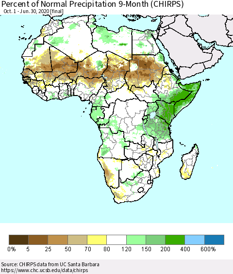 Africa Percent of Normal Precipitation 9-Month (CHIRPS) Thematic Map For 10/1/2019 - 6/30/2020