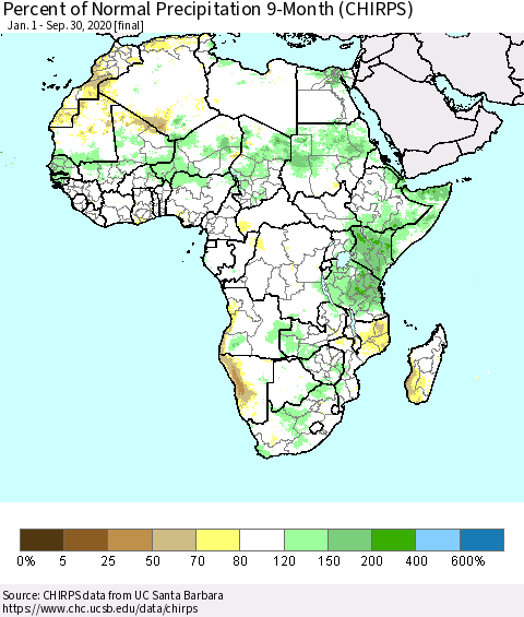 Africa Percent of Normal Precipitation 9-Month (CHIRPS) Thematic Map For 1/1/2020 - 9/30/2020