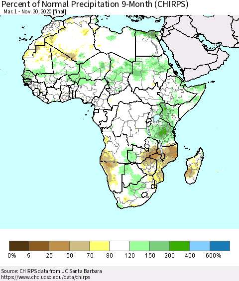 Africa Percent of Normal Precipitation 9-Month (CHIRPS) Thematic Map For 3/1/2020 - 11/30/2020