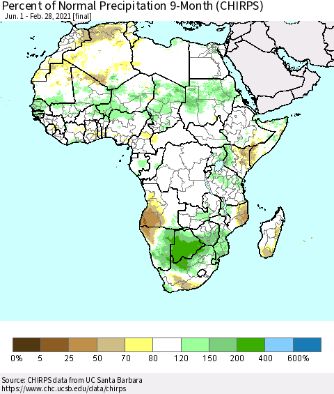 Africa Percent of Normal Precipitation 9-Month (CHIRPS) Thematic Map For 6/1/2020 - 2/28/2021