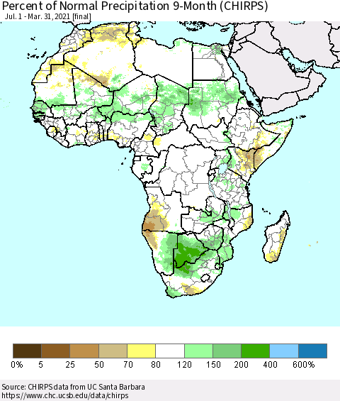 Africa Percent of Normal Precipitation 9-Month (CHIRPS) Thematic Map For 7/1/2020 - 3/31/2021