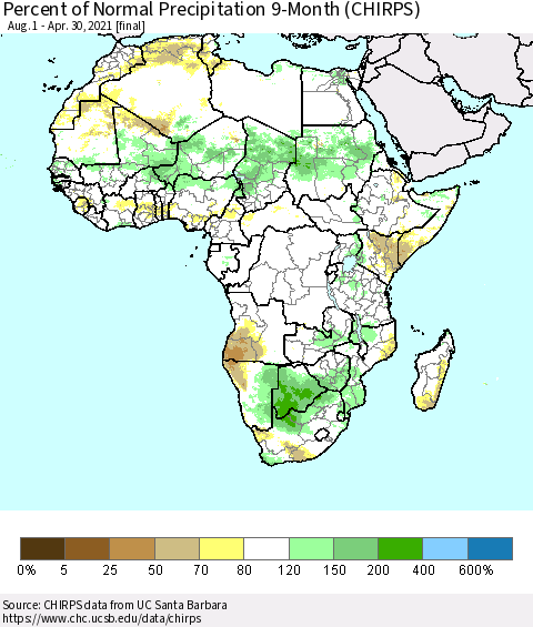 Africa Percent of Normal Precipitation 9-Month (CHIRPS) Thematic Map For 8/1/2020 - 4/30/2021