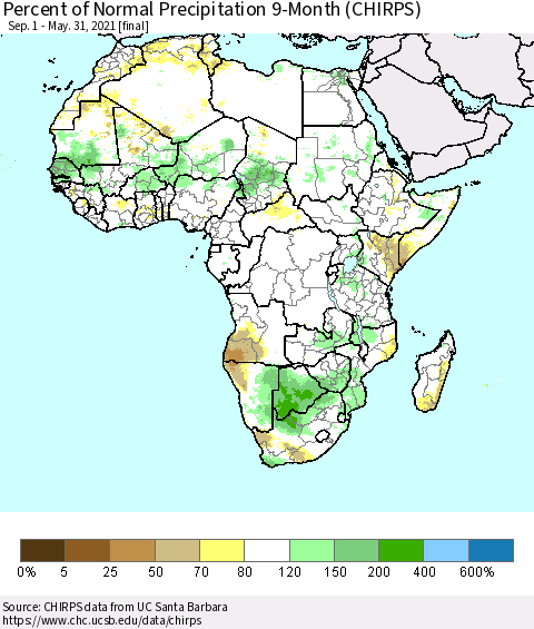 Africa Percent of Normal Precipitation 9-Month (CHIRPS) Thematic Map For 9/1/2020 - 5/31/2021