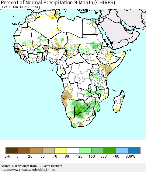 Africa Percent of Normal Precipitation 9-Month (CHIRPS) Thematic Map For 10/1/2020 - 6/30/2021