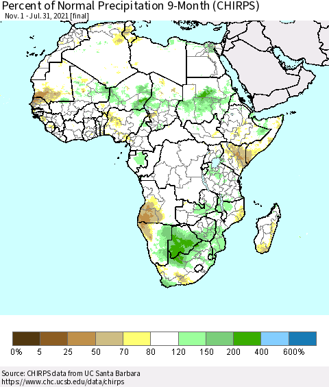Africa Percent of Normal Precipitation 9-Month (CHIRPS) Thematic Map For 11/1/2020 - 7/31/2021