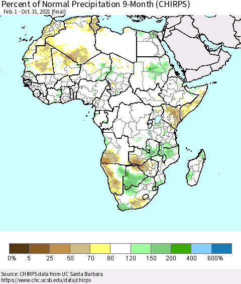 Africa Percent of Normal Precipitation 9-Month (CHIRPS) Thematic Map For 2/1/2021 - 10/31/2021