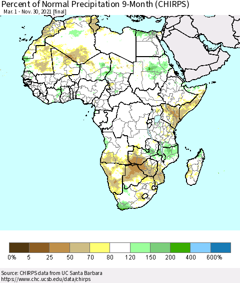 Africa Percent of Normal Precipitation 9-Month (CHIRPS) Thematic Map For 3/1/2021 - 11/30/2021