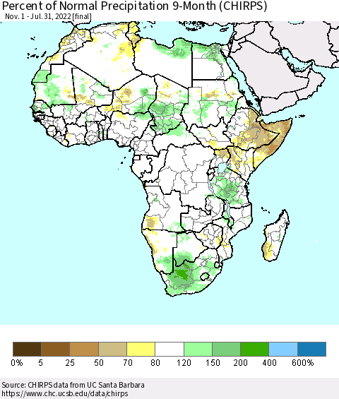 Africa Percent of Normal Precipitation 9-Month (CHIRPS) Thematic Map For 11/1/2021 - 7/31/2022