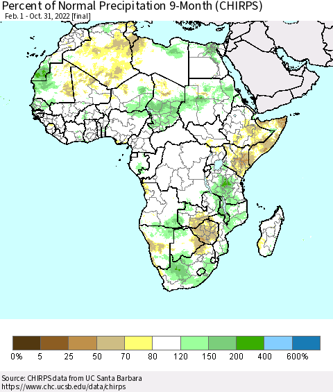 Africa Percent of Normal Precipitation 9-Month (CHIRPS) Thematic Map For 2/1/2022 - 10/31/2022