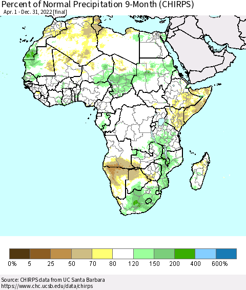 Africa Percent of Normal Precipitation 9-Month (CHIRPS) Thematic Map For 4/1/2022 - 12/31/2022