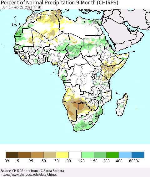 Africa Percent of Normal Precipitation 9-Month (CHIRPS) Thematic Map For 6/1/2022 - 2/28/2023
