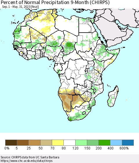 Africa Percent of Normal Precipitation 9-Month (CHIRPS) Thematic Map For 9/1/2022 - 5/31/2023