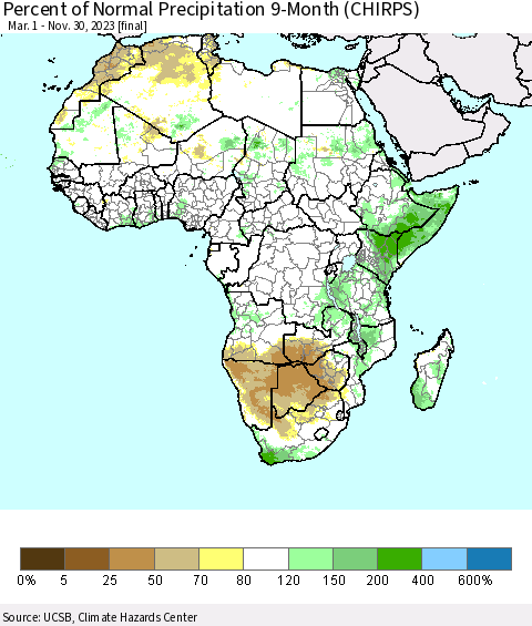 Africa Percent of Normal Precipitation 9-Month (CHIRPS) Thematic Map For 3/1/2023 - 11/30/2023