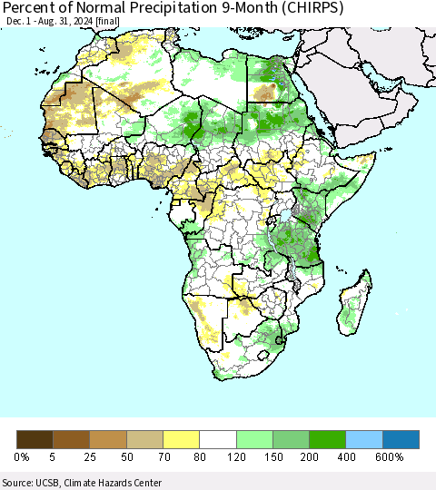 Africa Percent of Normal Precipitation 9-Month (CHIRPS) Thematic Map For 12/1/2023 - 8/31/2024