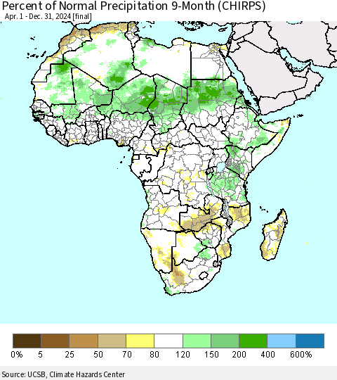 Africa Percent of Normal Precipitation 9-Month (CHIRPS) Thematic Map For 4/1/2024 - 12/31/2024