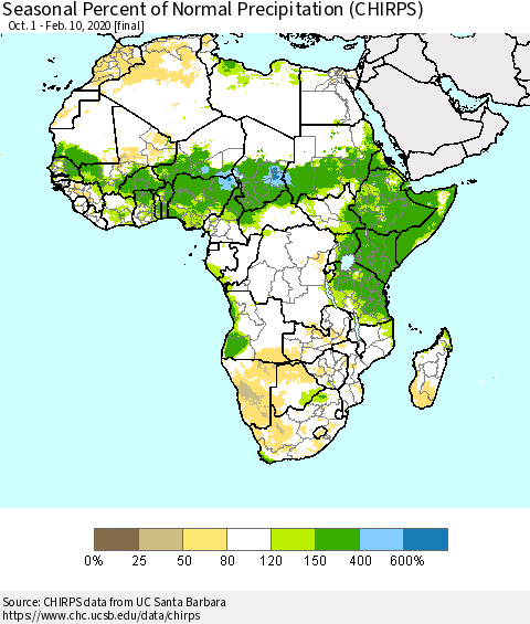 Africa Seasonal Percent of Normal Precipitation (CHIRPS) Thematic Map For 10/1/2019 - 2/10/2020