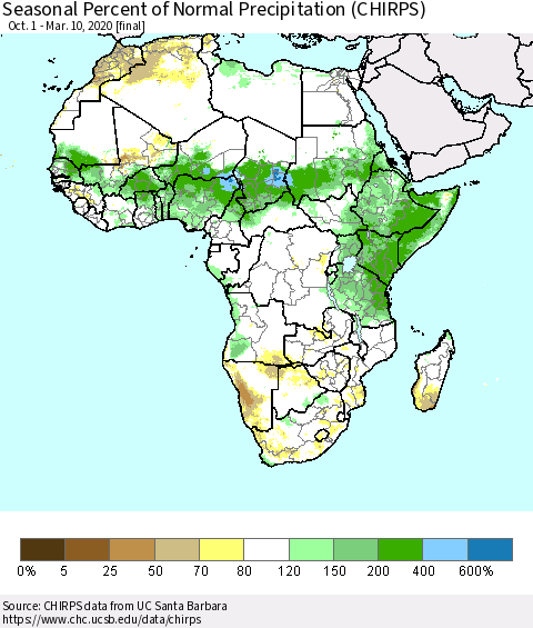 Africa Seasonal Percent of Normal Precipitation (CHIRPS) Thematic Map For 10/1/2019 - 3/10/2020