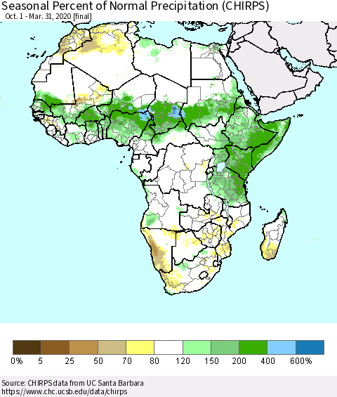 Africa Seasonal Percent of Normal Precipitation (CHIRPS) Thematic Map For 10/1/2019 - 3/31/2020