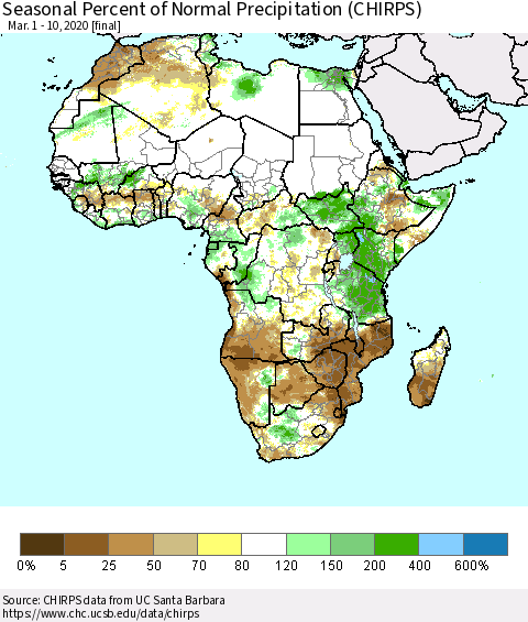 Africa Seasonal Percent of Normal Precipitation (CHIRPS) Thematic Map For 3/1/2020 - 3/10/2020