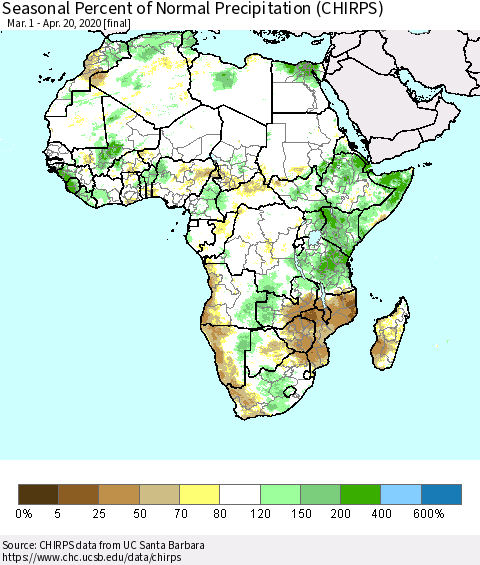 Africa Seasonal Percent of Normal Precipitation (CHIRPS) Thematic Map For 3/1/2020 - 4/20/2020