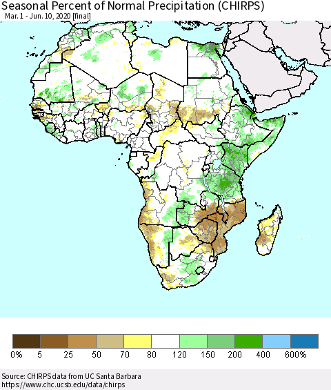 Africa Seasonal Percent of Normal Precipitation (CHIRPS) Thematic Map For 3/1/2020 - 6/10/2020
