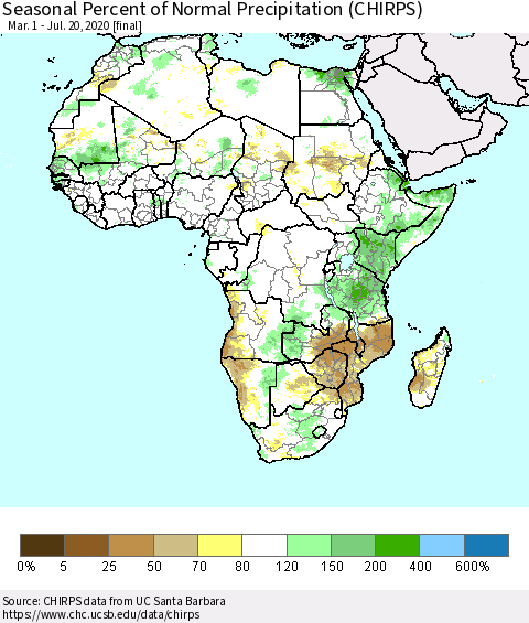 Africa Seasonal Percent of Normal Precipitation (CHIRPS) Thematic Map For 3/1/2020 - 7/20/2020