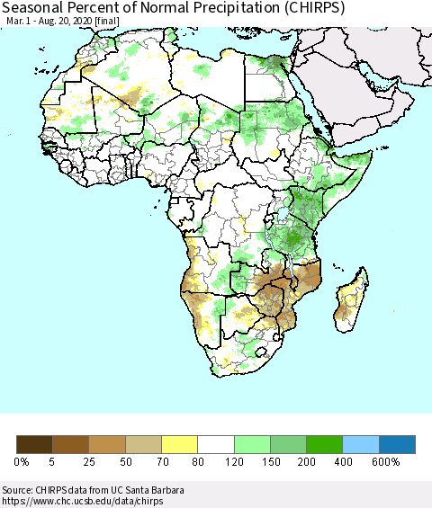 Africa Seasonal Percent of Normal Precipitation (CHIRPS) Thematic Map For 3/1/2020 - 8/20/2020