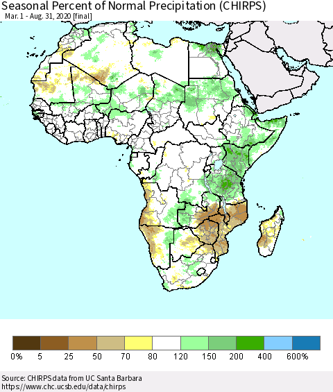 Africa Seasonal Percent of Normal Precipitation (CHIRPS) Thematic Map For 3/1/2020 - 8/31/2020
