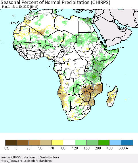 Africa Seasonal Percent of Normal Precipitation (CHIRPS) Thematic Map For 3/1/2020 - 9/10/2020