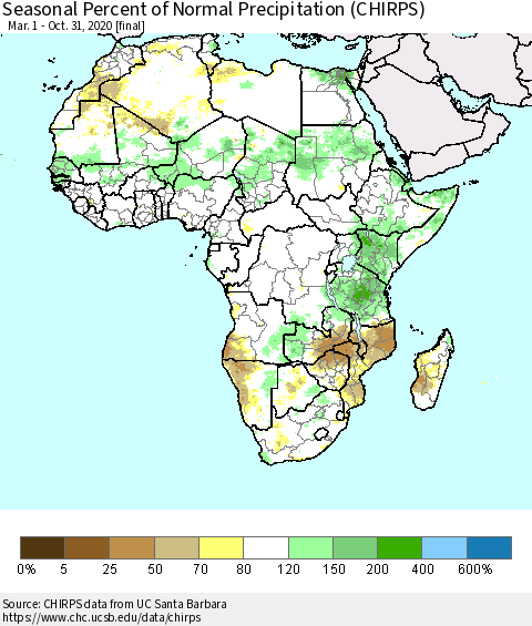 Africa Seasonal Percent of Normal Precipitation (CHIRPS) Thematic Map For 3/1/2020 - 10/31/2020