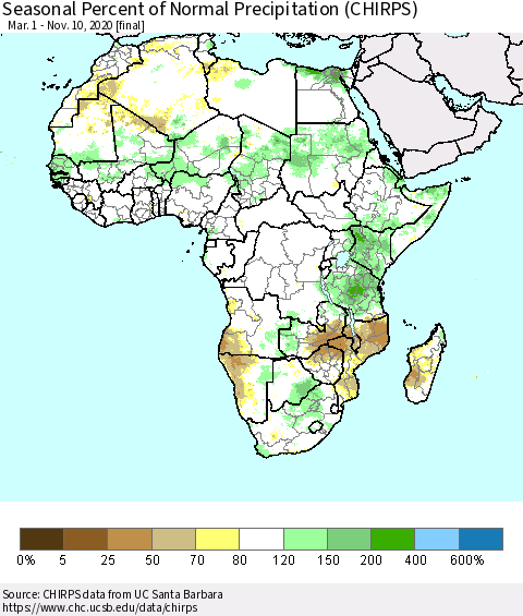 Africa Seasonal Percent of Normal Precipitation (CHIRPS) Thematic Map For 3/1/2020 - 11/10/2020