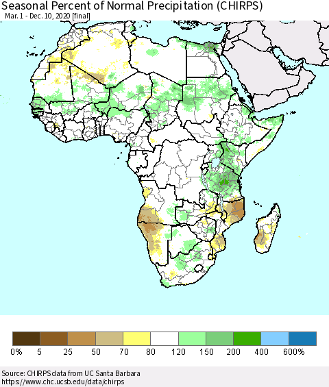 Africa Seasonal Percent of Normal Precipitation (CHIRPS) Thematic Map For 3/1/2020 - 12/10/2020