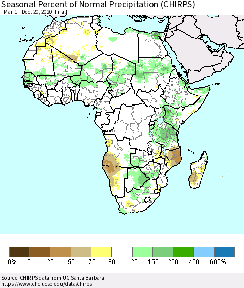 Africa Seasonal Percent of Normal Precipitation (CHIRPS) Thematic Map For 3/1/2020 - 12/20/2020