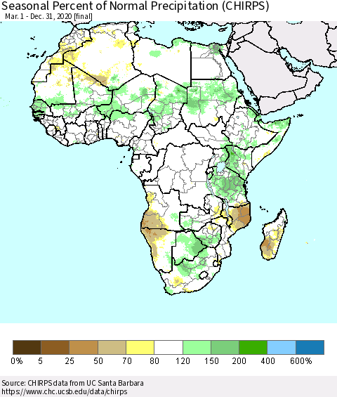 Africa Seasonal Percent of Normal Precipitation (CHIRPS) Thematic Map For 3/1/2020 - 12/31/2020