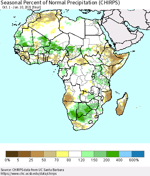Africa Seasonal Percent of Normal Precipitation (CHIRPS) Thematic Map For 10/1/2020 - 1/10/2021