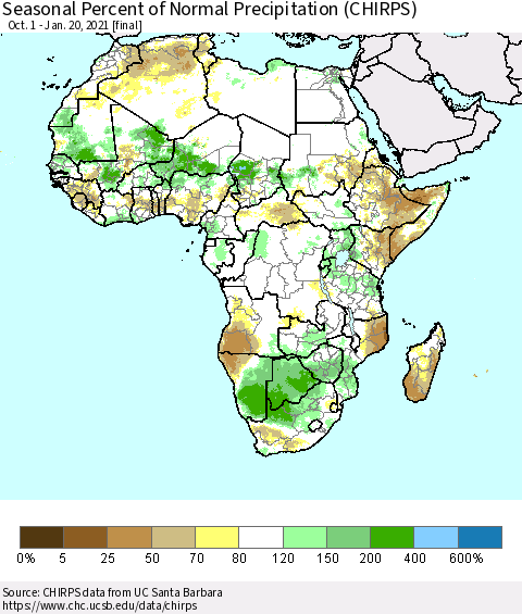Africa Seasonal Percent of Normal Precipitation (CHIRPS) Thematic Map For 10/1/2020 - 1/20/2021