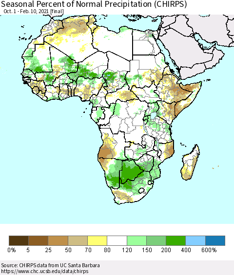 Africa Seasonal Percent of Normal Precipitation (CHIRPS) Thematic Map For 10/1/2020 - 2/10/2021