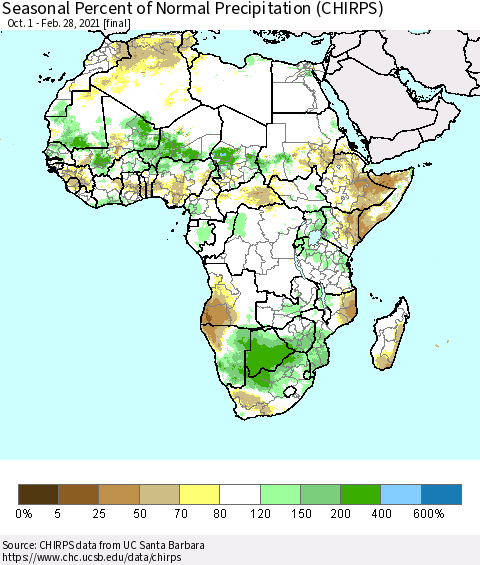 Africa Seasonal Percent of Normal Precipitation (CHIRPS) Thematic Map For 10/1/2020 - 2/28/2021