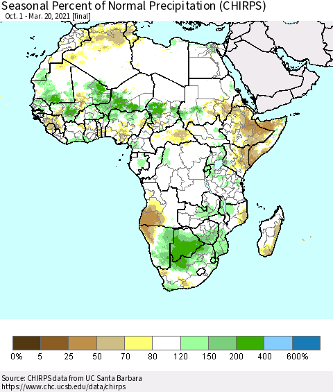Africa Seasonal Percent of Normal Precipitation (CHIRPS) Thematic Map For 10/1/2020 - 3/20/2021