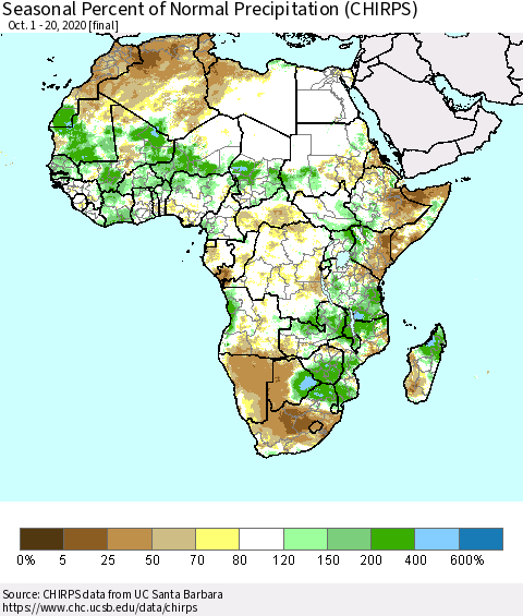 Africa Seasonal Percent of Normal Precipitation (CHIRPS) Thematic Map For 10/1/2020 - 10/20/2020