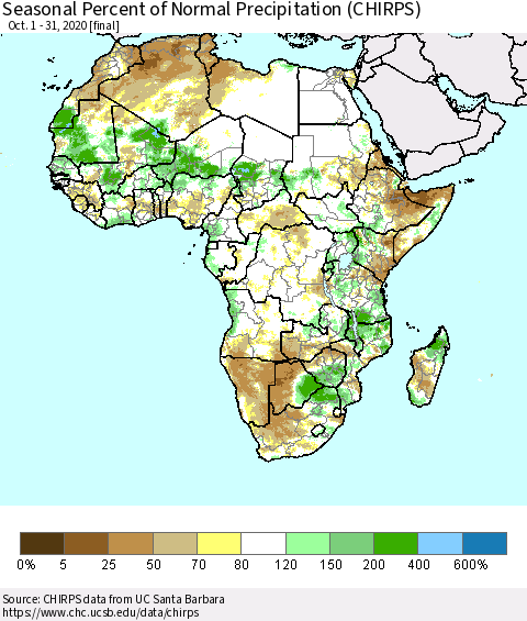 Africa Seasonal Percent of Normal Precipitation (CHIRPS) Thematic Map For 10/1/2020 - 10/31/2020