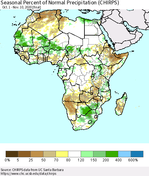 Africa Seasonal Percent of Normal Precipitation (CHIRPS) Thematic Map For 10/1/2020 - 11/10/2020