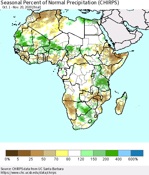 Africa Seasonal Percent of Normal Precipitation (CHIRPS) Thematic Map For 10/1/2020 - 11/20/2020
