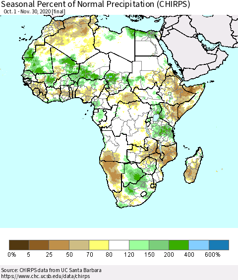 Africa Seasonal Percent of Normal Precipitation (CHIRPS) Thematic Map For 10/1/2020 - 11/30/2020