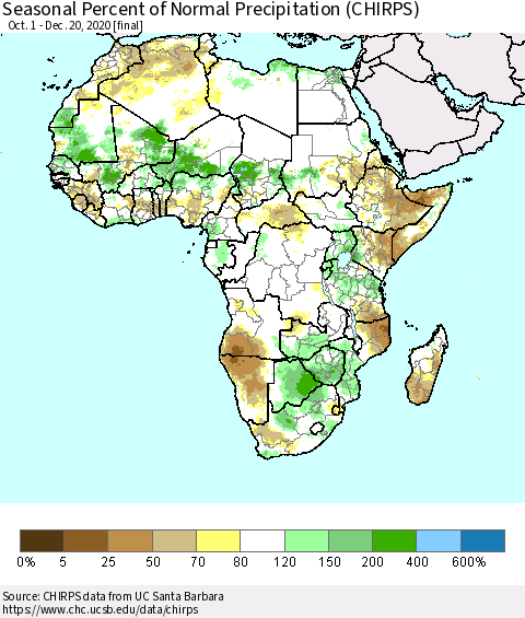 Africa Seasonal Percent of Normal Precipitation (CHIRPS) Thematic Map For 10/1/2020 - 12/20/2020