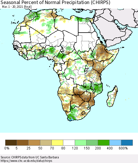 Africa Seasonal Percent of Normal Precipitation (CHIRPS) Thematic Map For 3/1/2021 - 3/20/2021