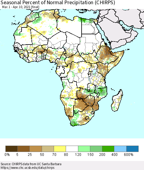 Africa Seasonal Percent of Normal Precipitation (CHIRPS) Thematic Map For 3/1/2021 - 4/10/2021