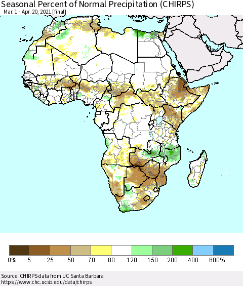 Africa Seasonal Percent of Normal Precipitation (CHIRPS) Thematic Map For 3/1/2021 - 4/20/2021