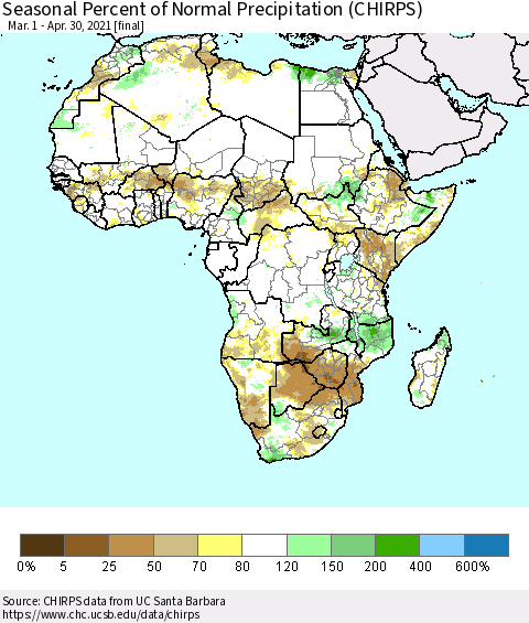 Africa Seasonal Percent of Normal Precipitation (CHIRPS) Thematic Map For 3/1/2021 - 4/30/2021